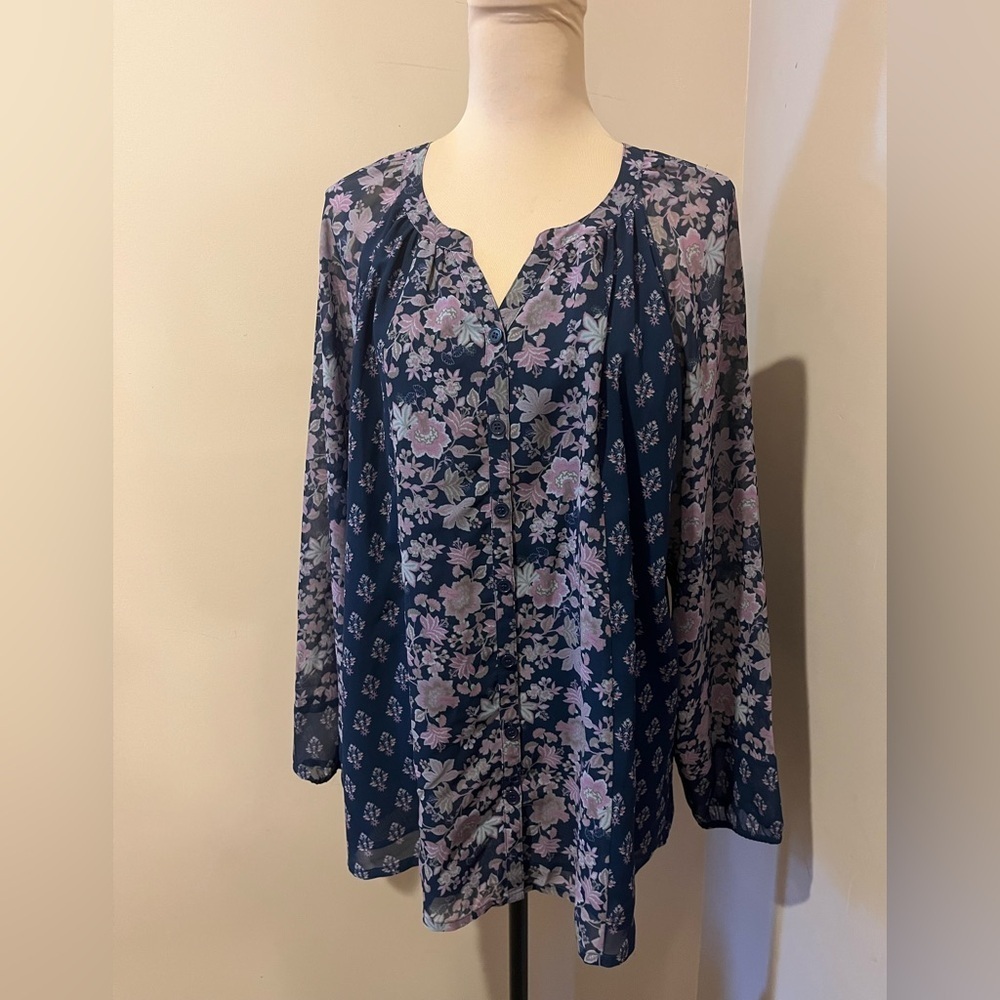 Coldwater Creek Navy and Lavender Floral Peasant Blouse, XL